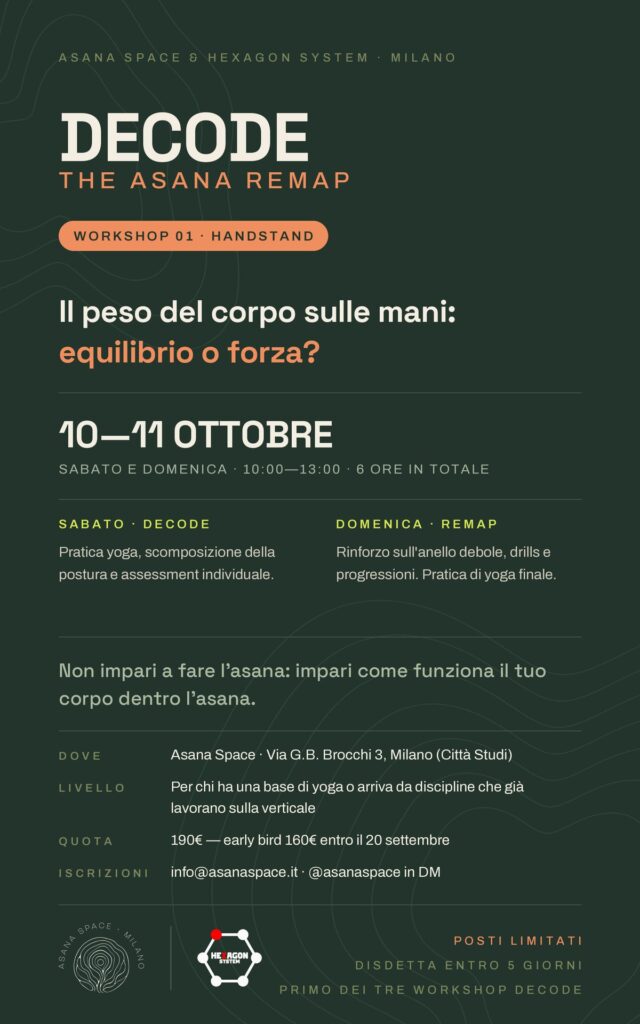 Locandina del workshop DECODE Handstand di Asana Space e Hexagon System, 10–11 ottobre 2026 a Milano